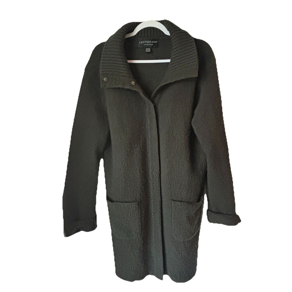 VTG Centigrade  100% Wool Sweater Coat Womens M Green Deep Pockets Snaps EUC